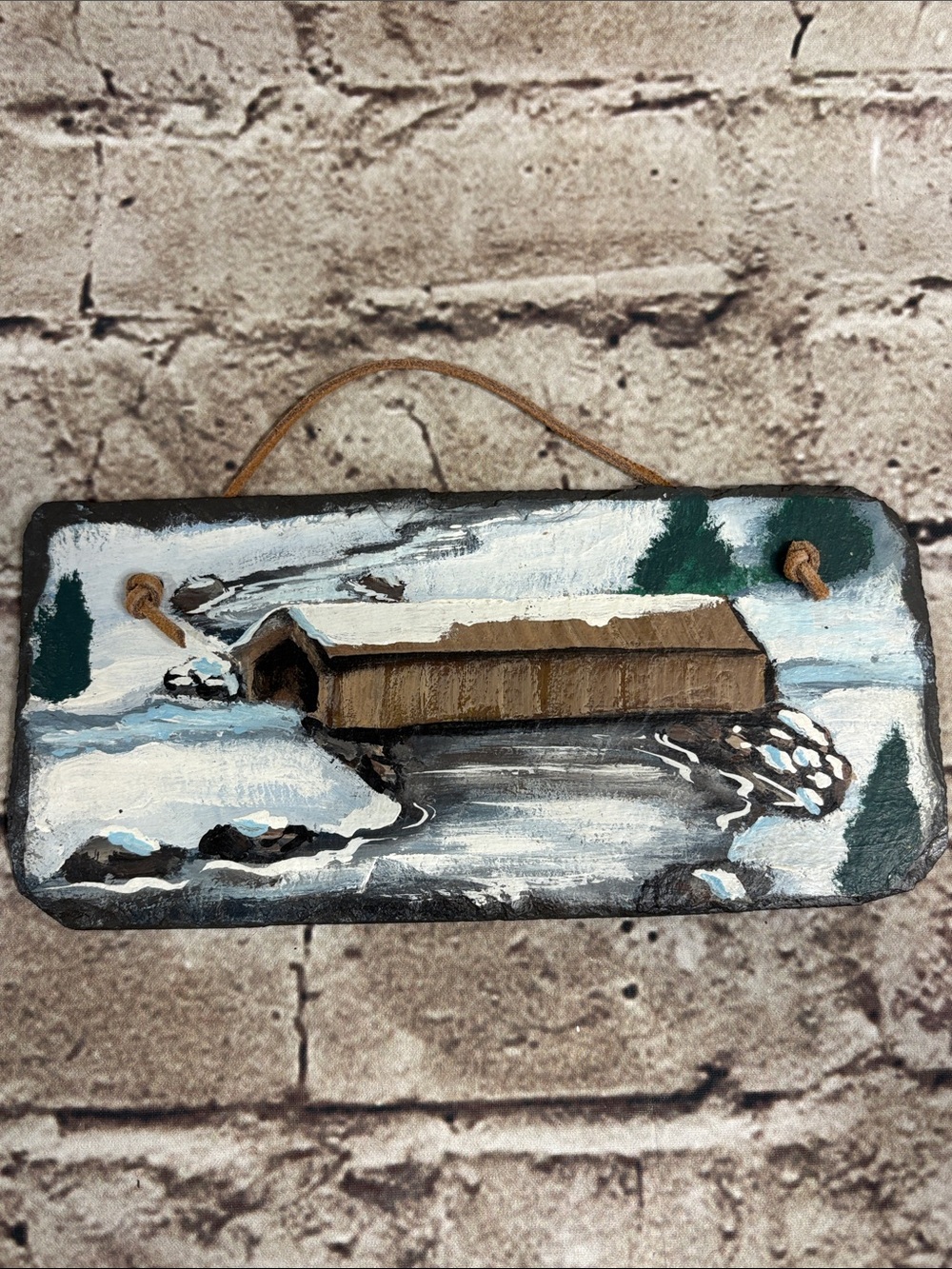 Hand-Painted Brown Covered Bridge Wall Art - Rustic Snow Scene